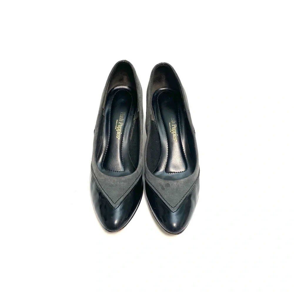 Vintage 1970s gray suede black patent leather slip on pumps